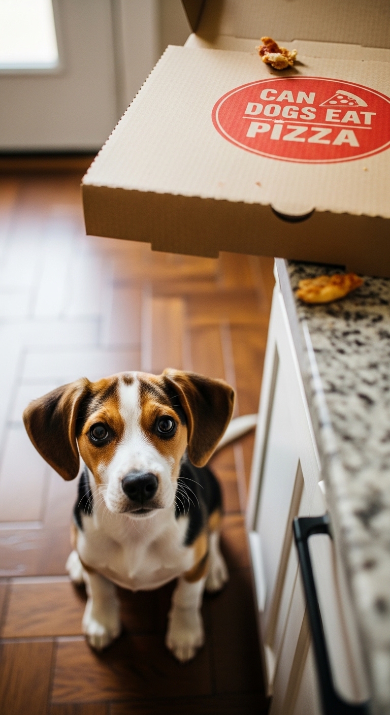 A dog looking at a pizza box.
