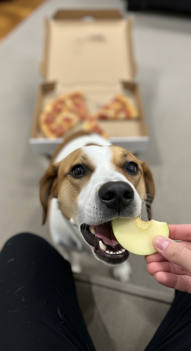 A dog eating a slice of pizza.