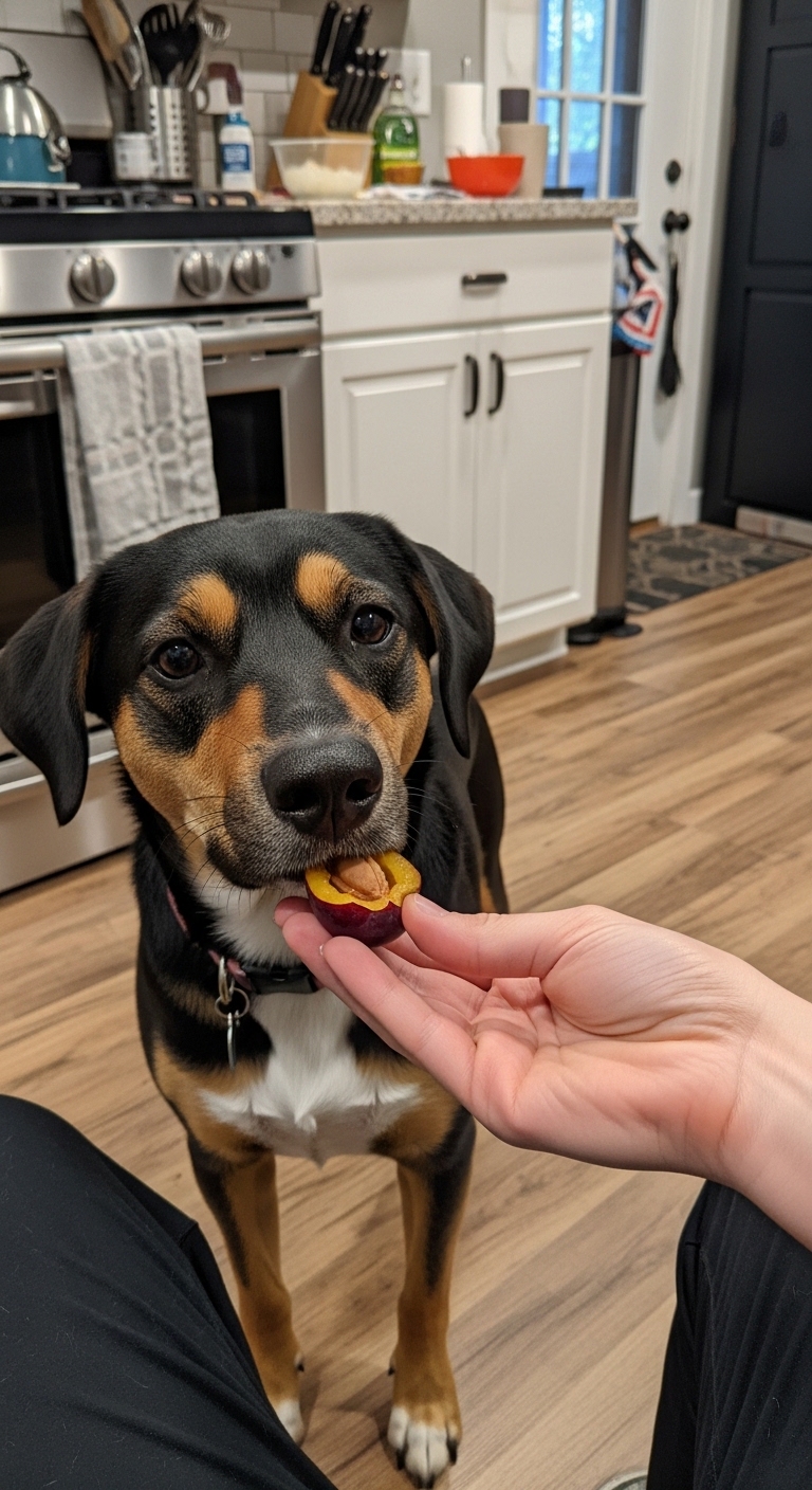 A dog eating a plum.