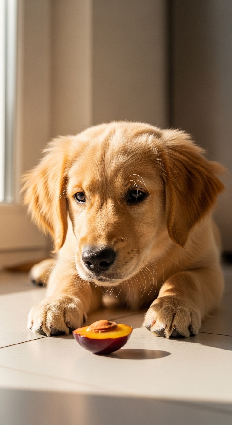 A dog is laying on the floor with a plum in its mouth.