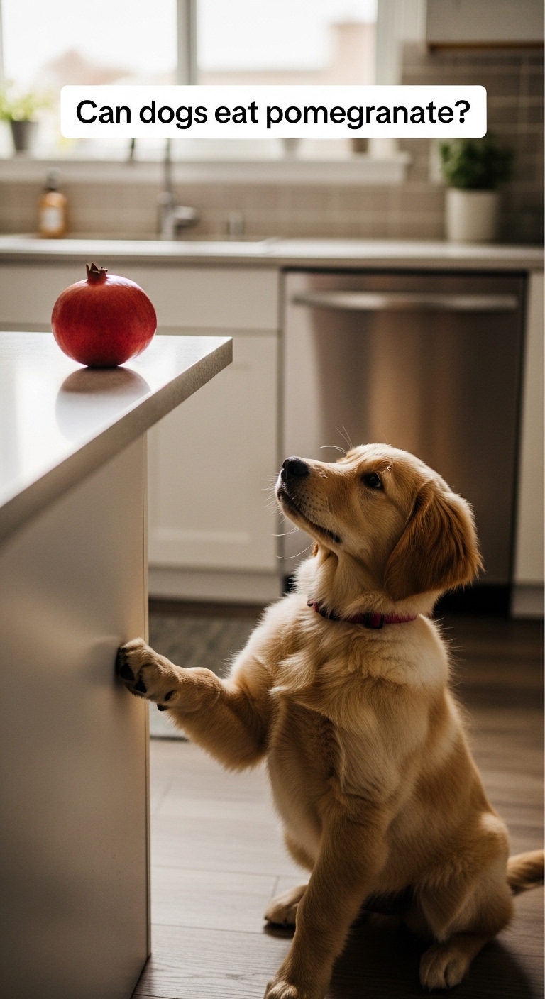 A dog is looking at a pomegranate on a counter.