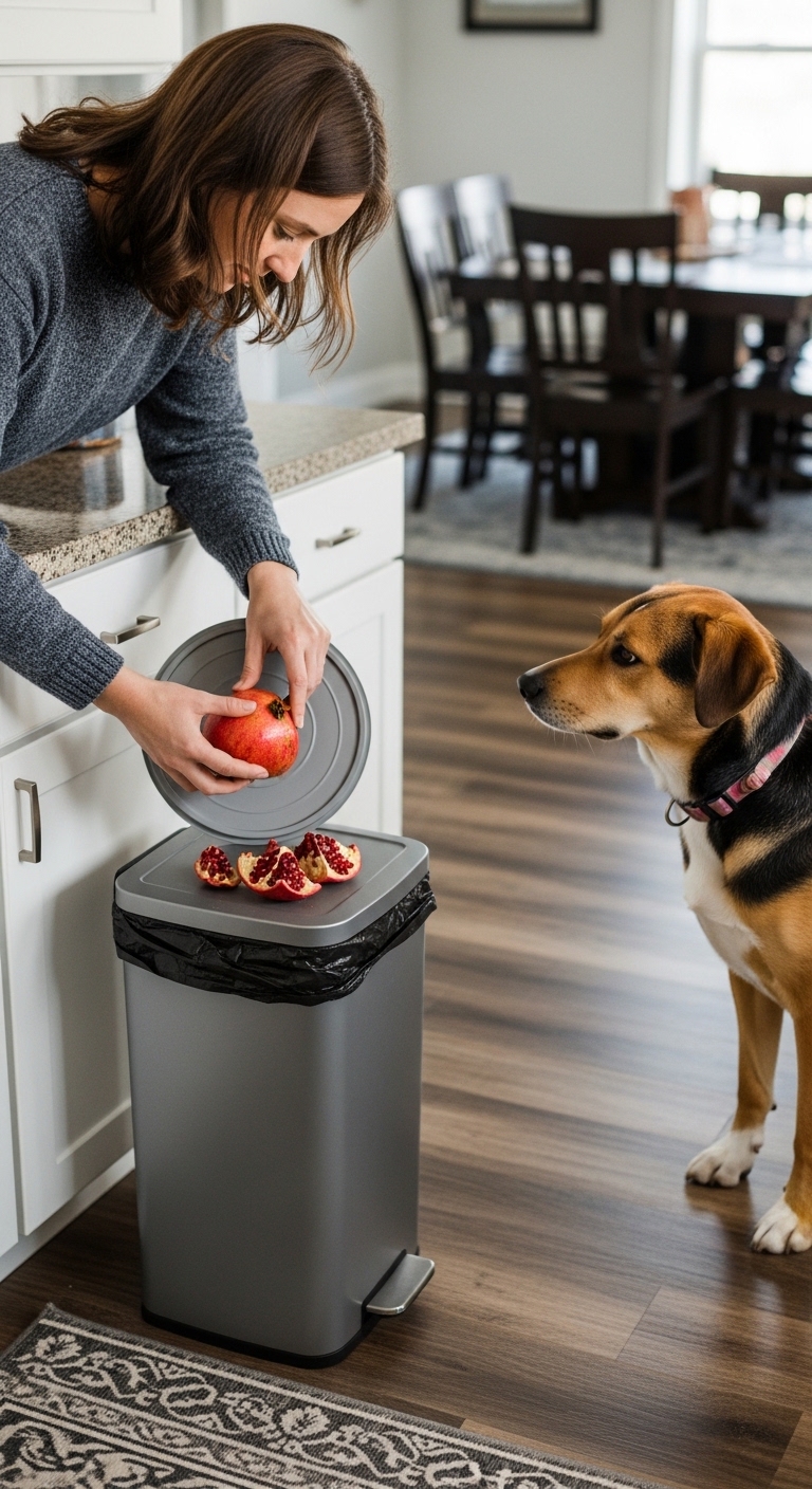 A dog looks at a can of pomegranate seeds.