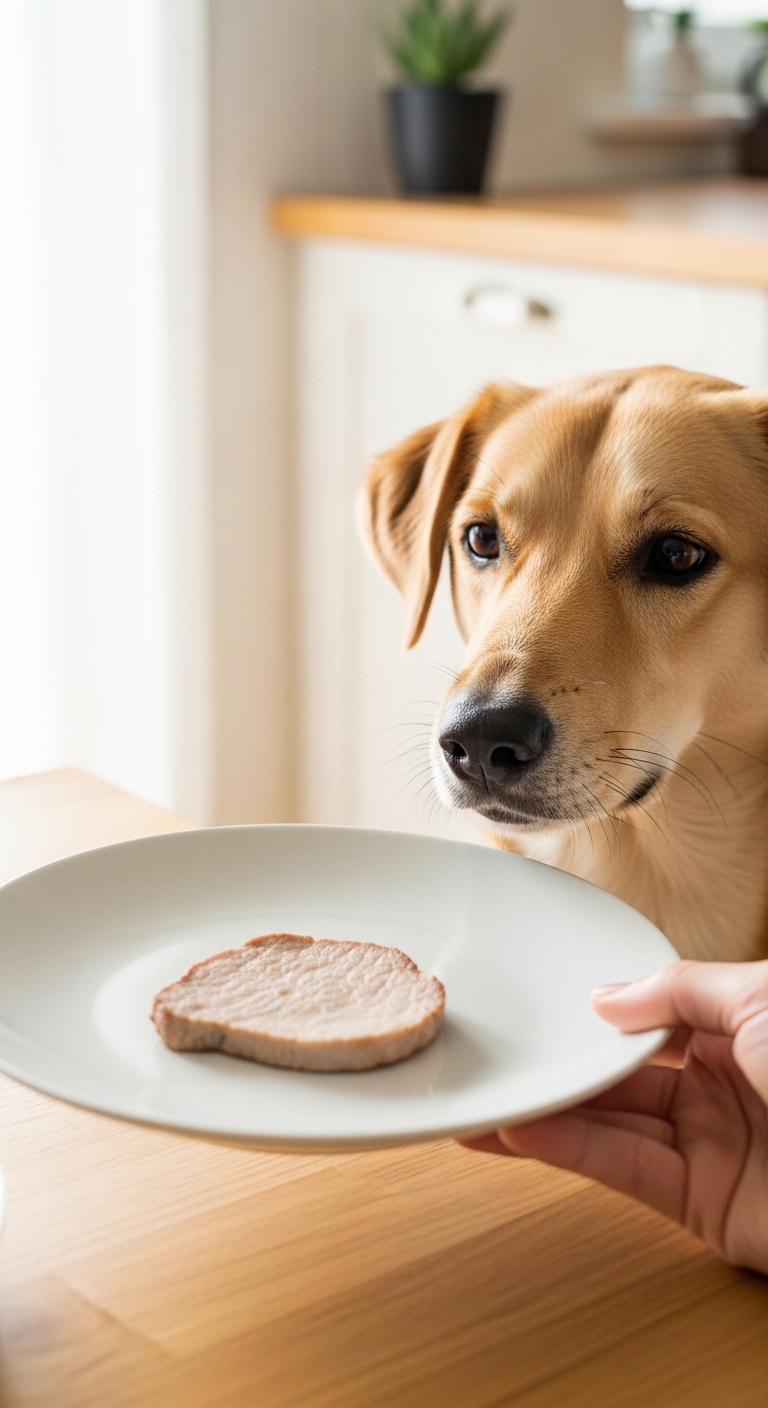 A dog is eating a piece of pork.