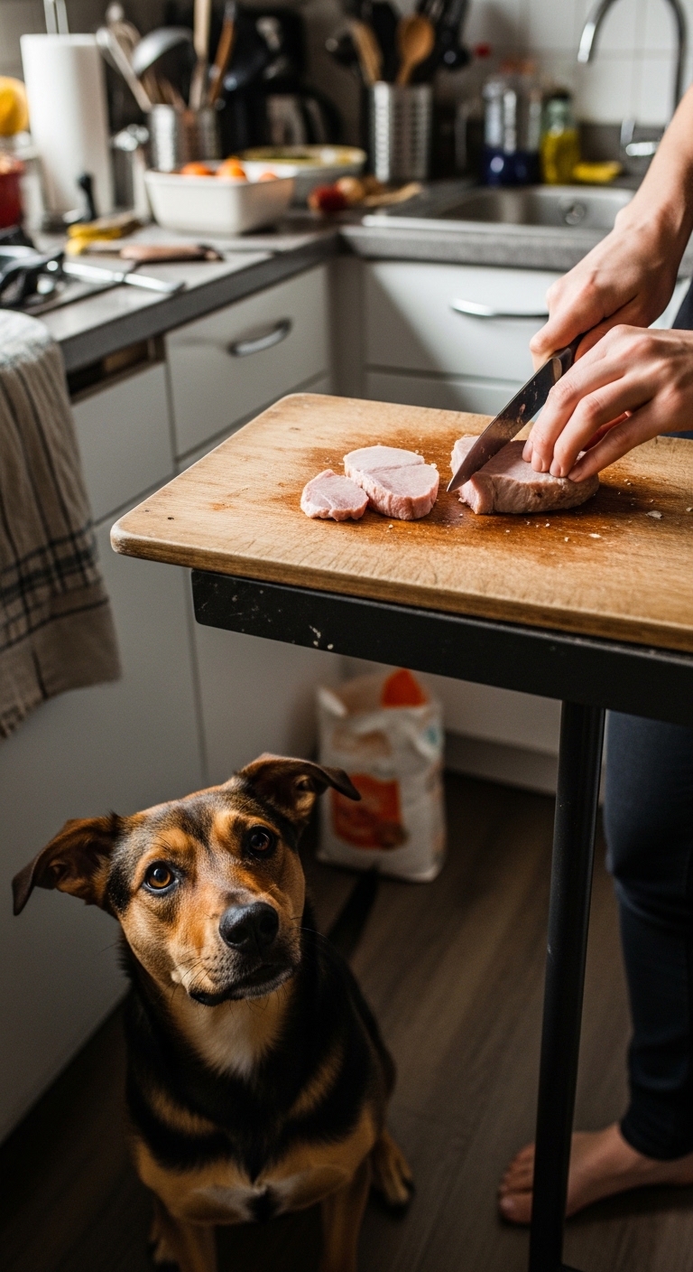 A dog is looking at a person cutting meat.