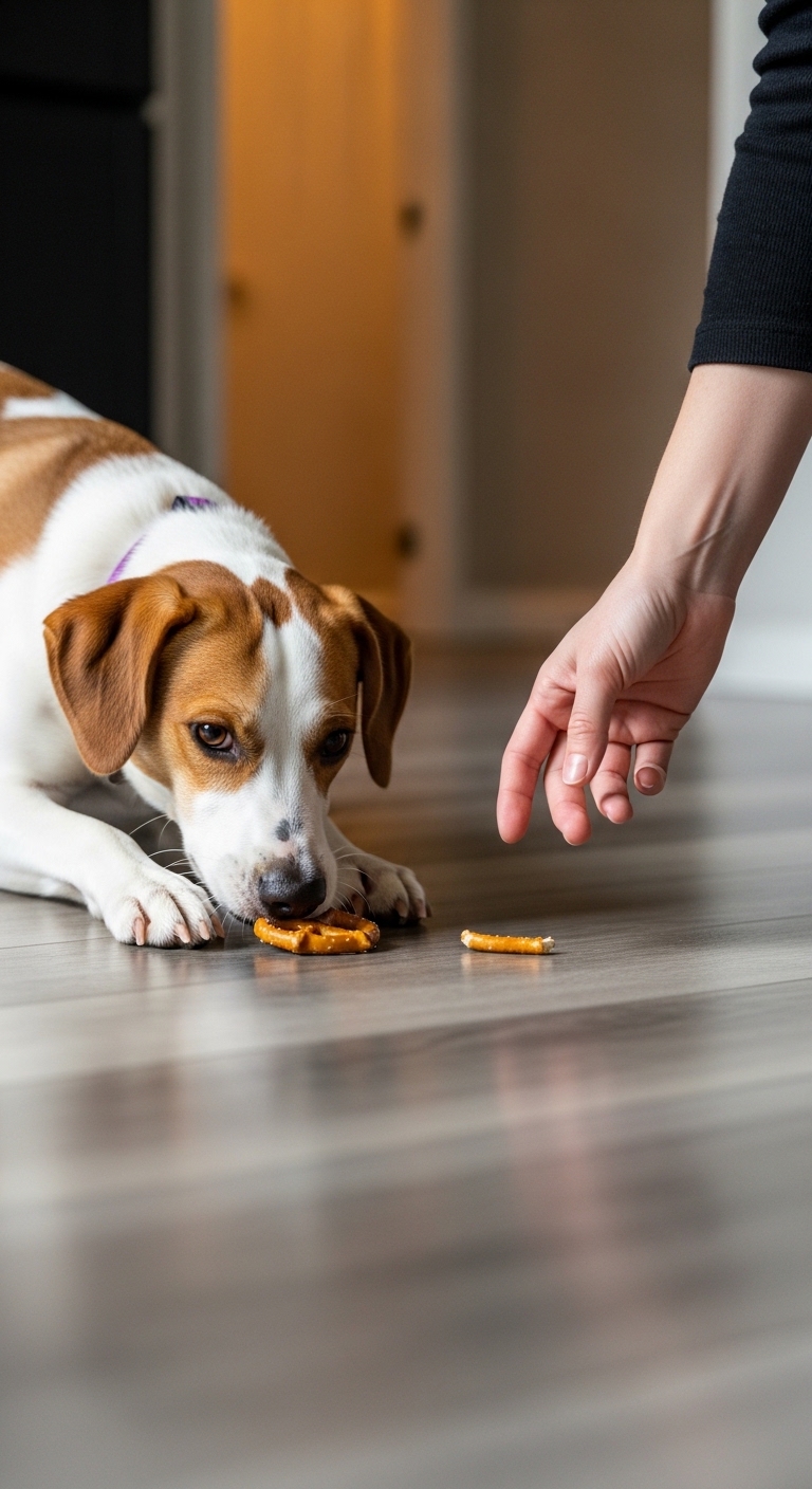 A dog eating a pretzel.