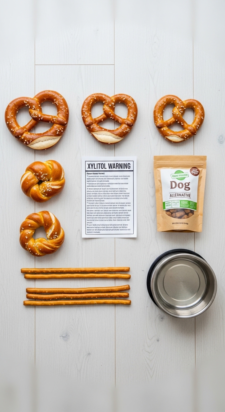 A bowl of pretzels and a bag of dog food.