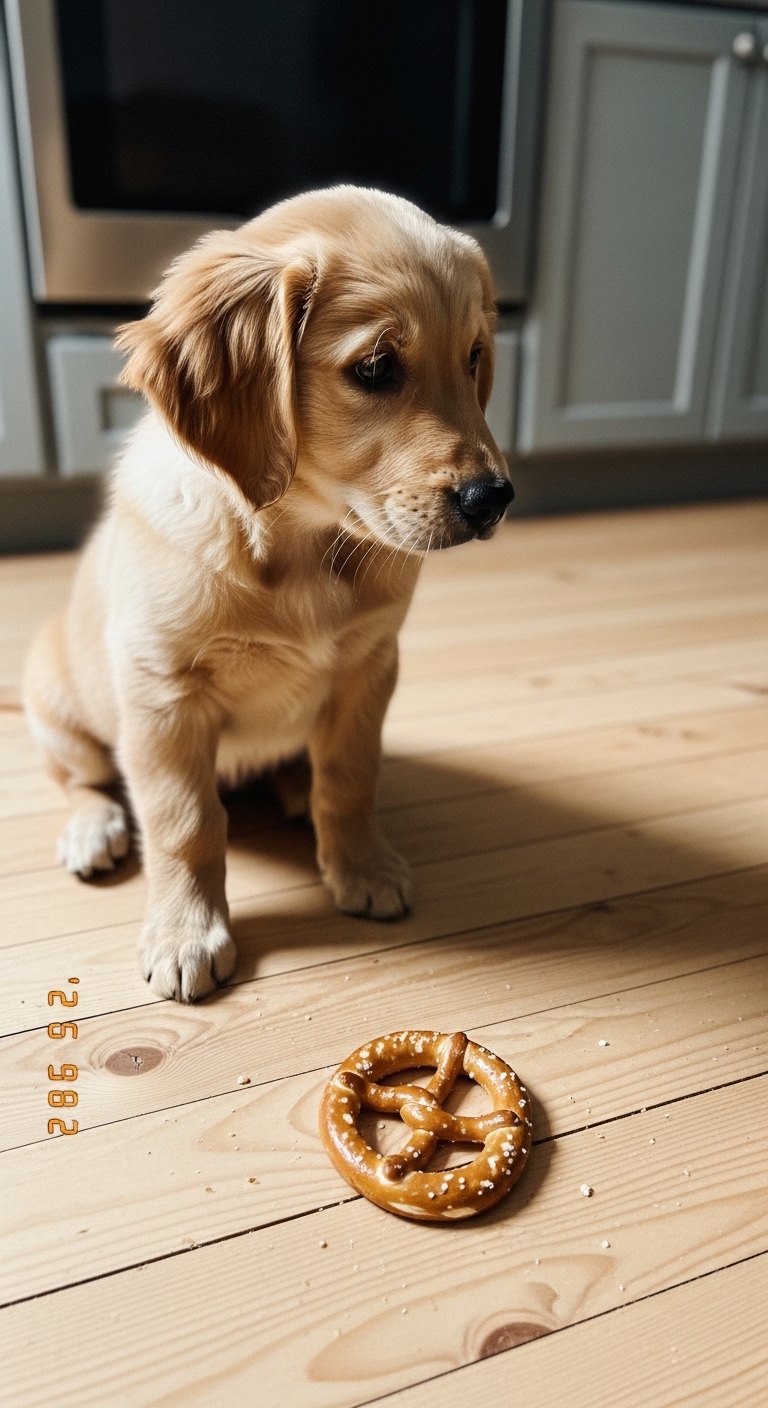 A dog is sitting on a wooden floor next to a pretzel.