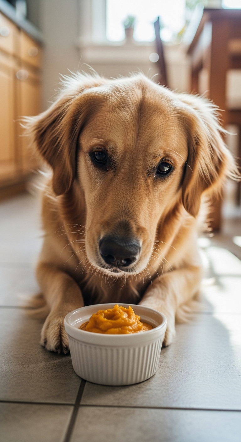 A dog eating pumpkin.