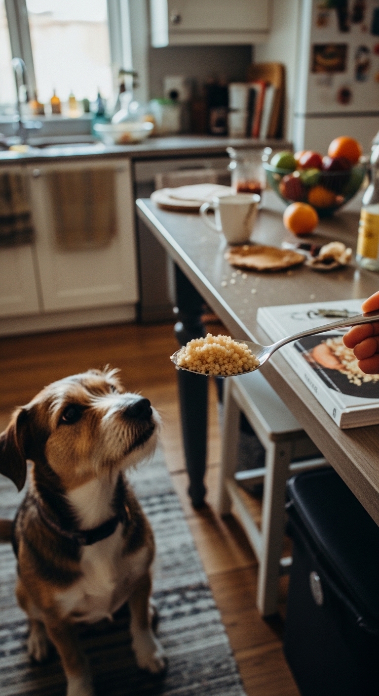 A dog is begging for food from a person who is holding a spoon with quinoa on it.