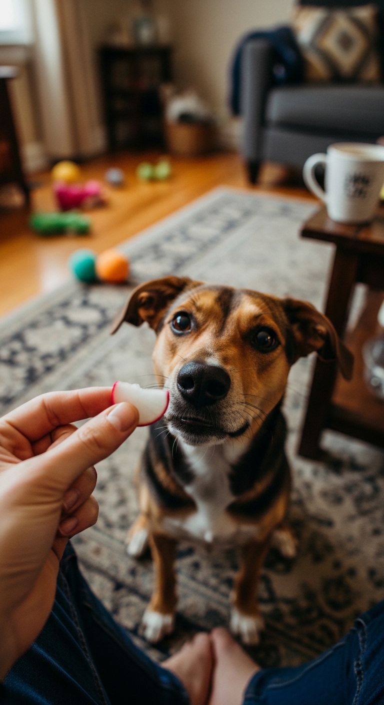 A dog is eating a radish.