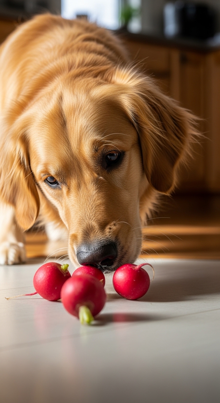 A dog eating radishes.