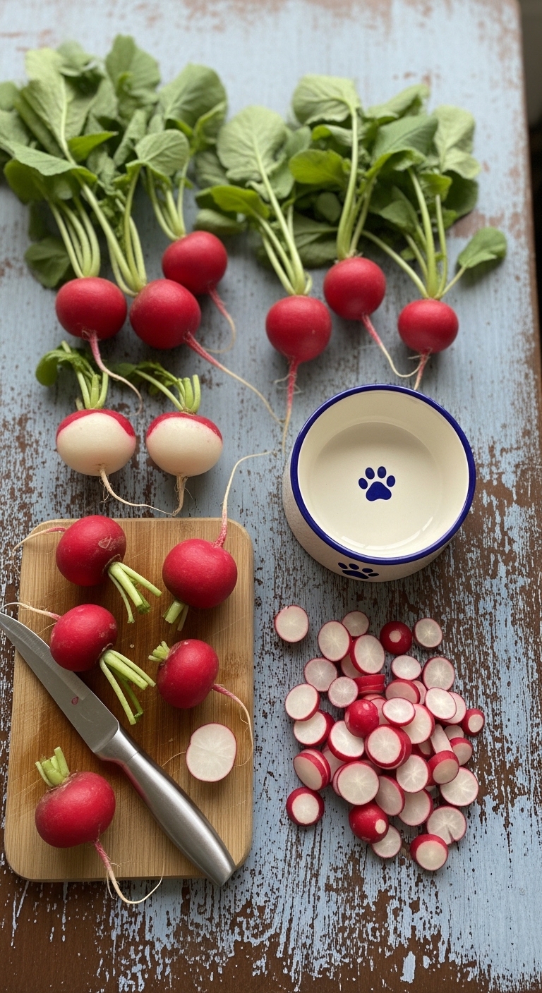A bowl of radishes and a knife on a table.