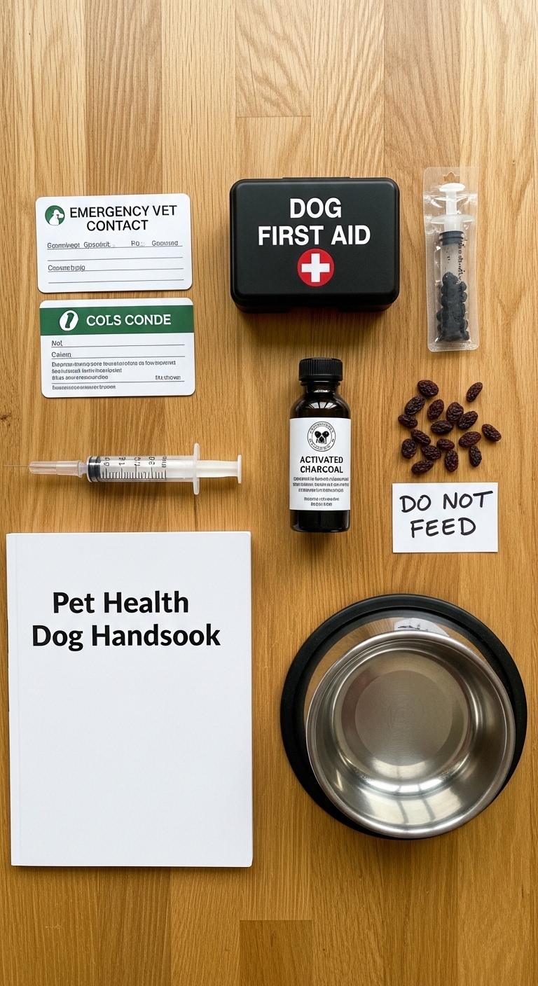 A book about pet health and a can of raisins.