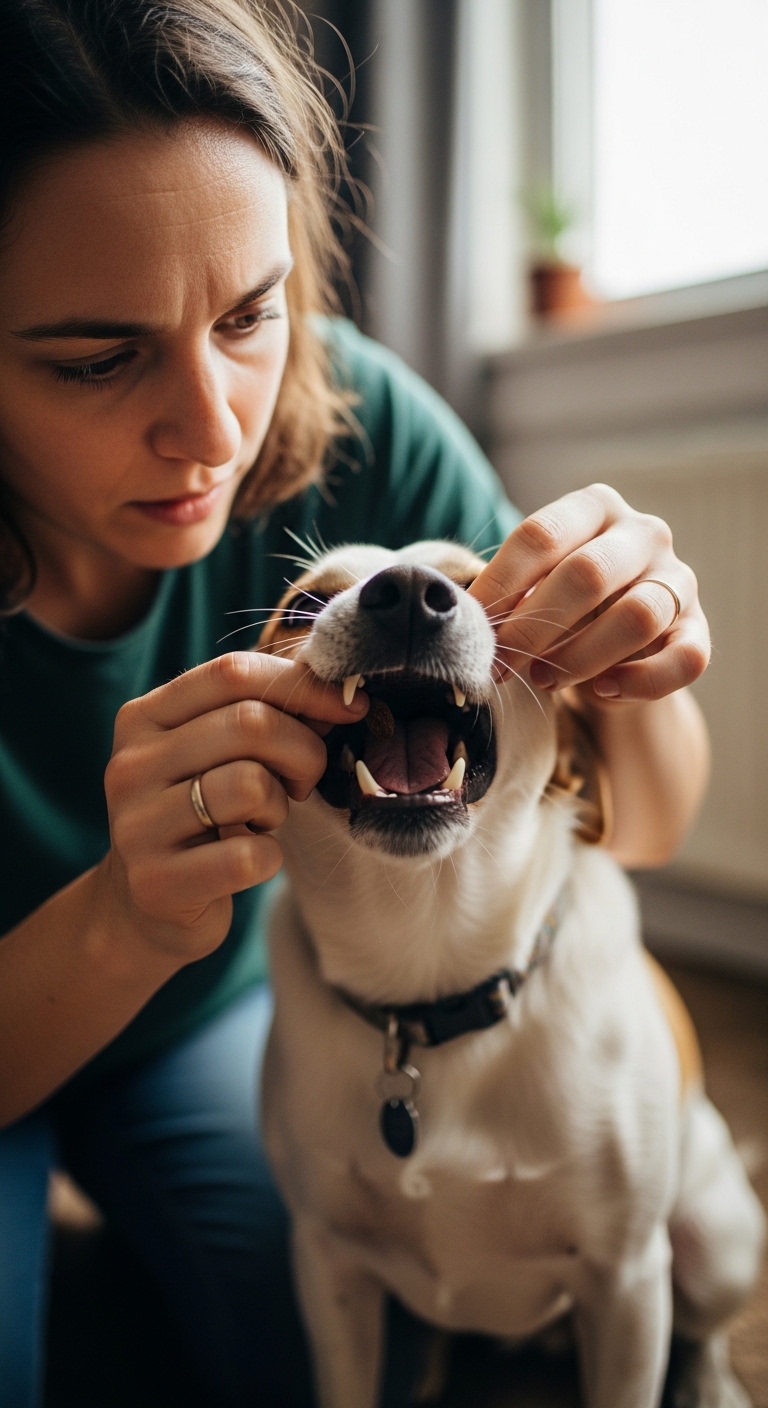 A woman is brushing a dog's teeth.