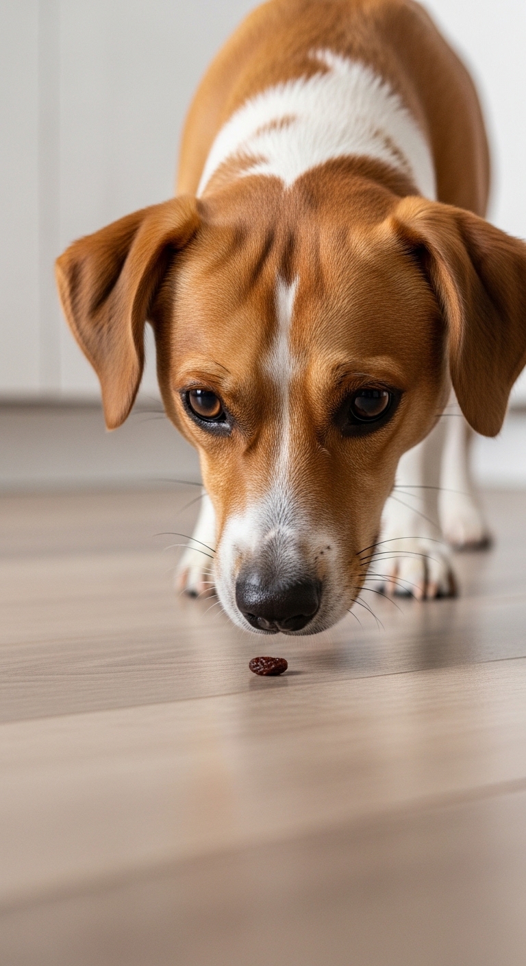 A dog sniffs a raisin on the floor.