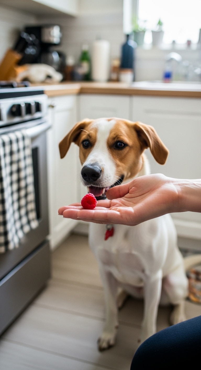 A dog eating a raspberry.