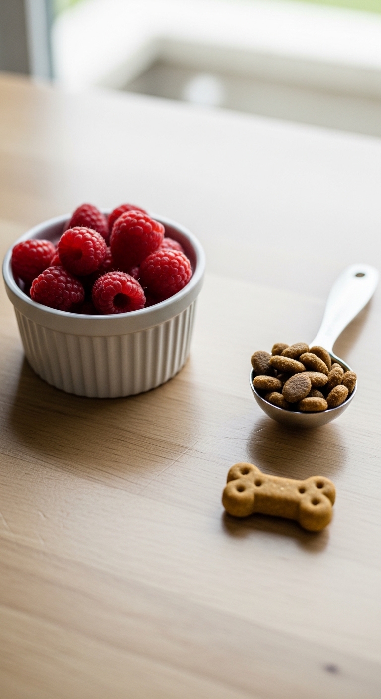 A bowl of raspberries is next to a bowl of dog food.