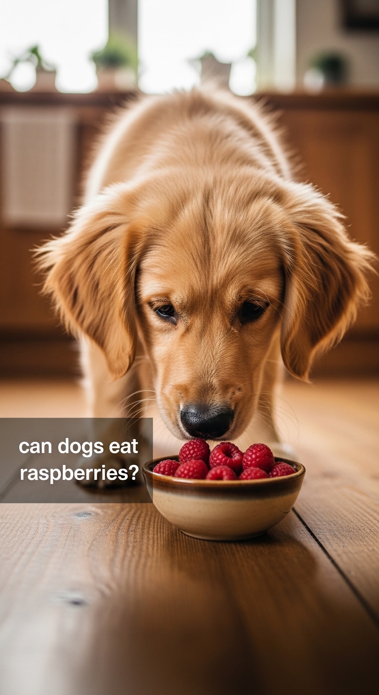 A dog eating raspberries from a bowl.