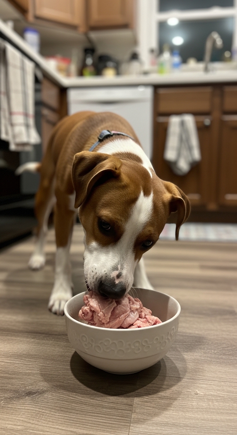 A dog eating a bowl of raw chicken.