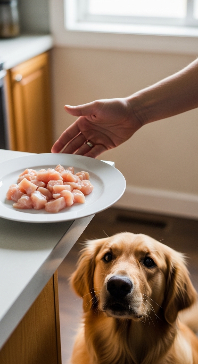 A dog is looking at a plate of raw chicken.