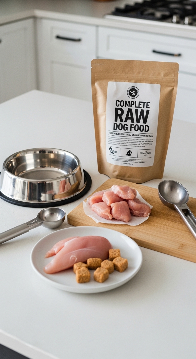 A bag of raw dog food sits next to a plate of raw chicken.