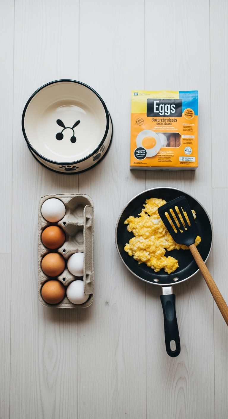 A pan of eggs and a box of eggs on a table.