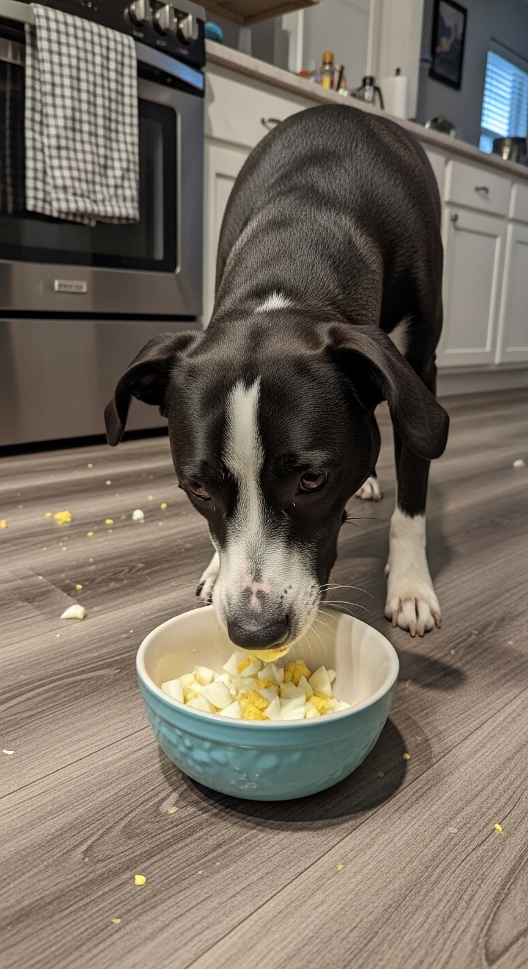 A dog eating raw eggs from a bowl.