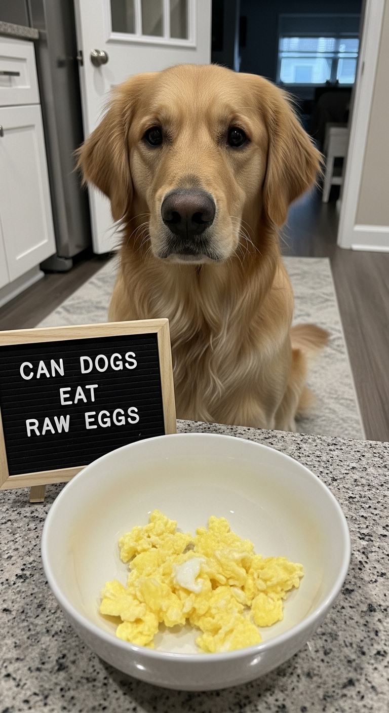 A sign that says "can dogs eat raw eggs" is next to a bowl of raw eggs.