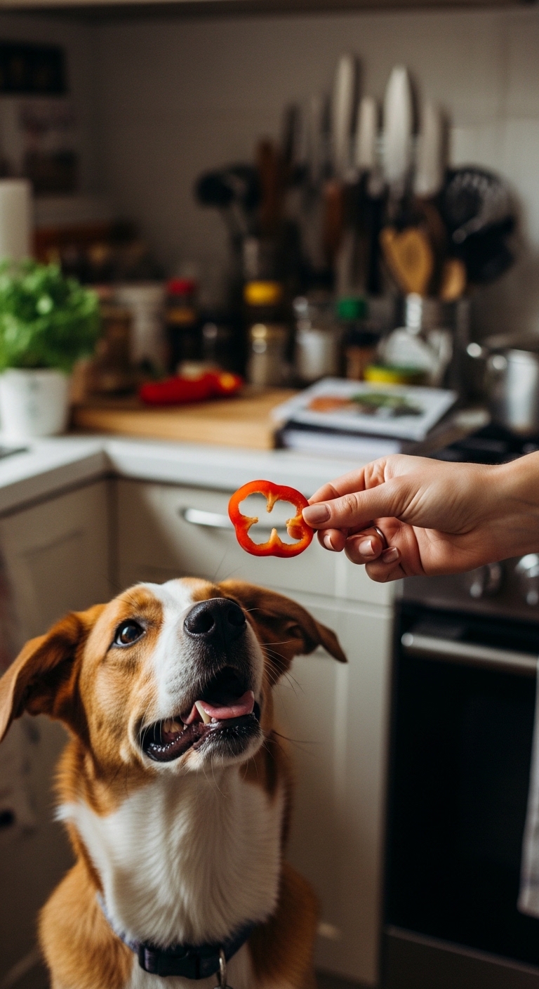 A dog is eating a red pepper.