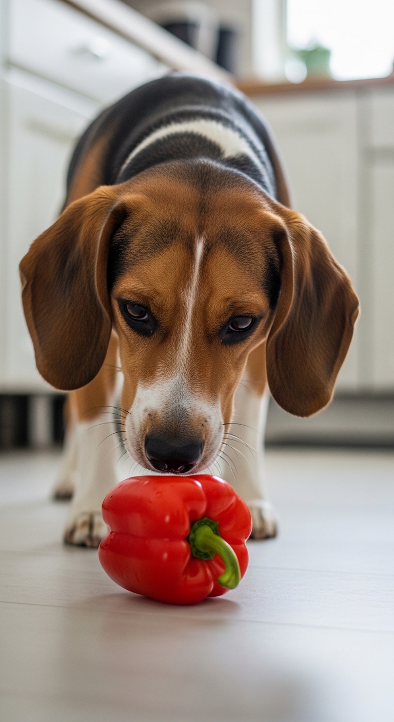 A dog is eating a red pepper.