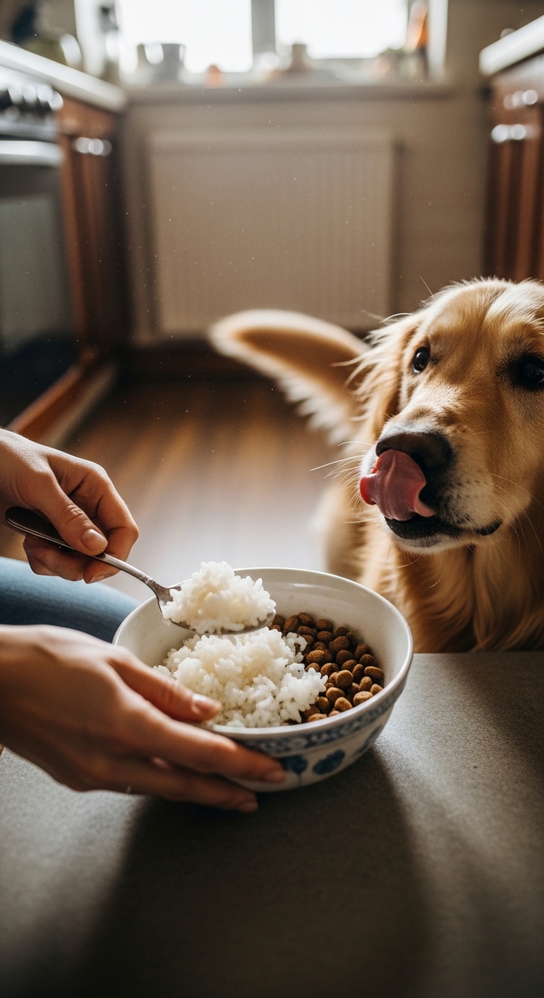A person is feeding a dog rice.