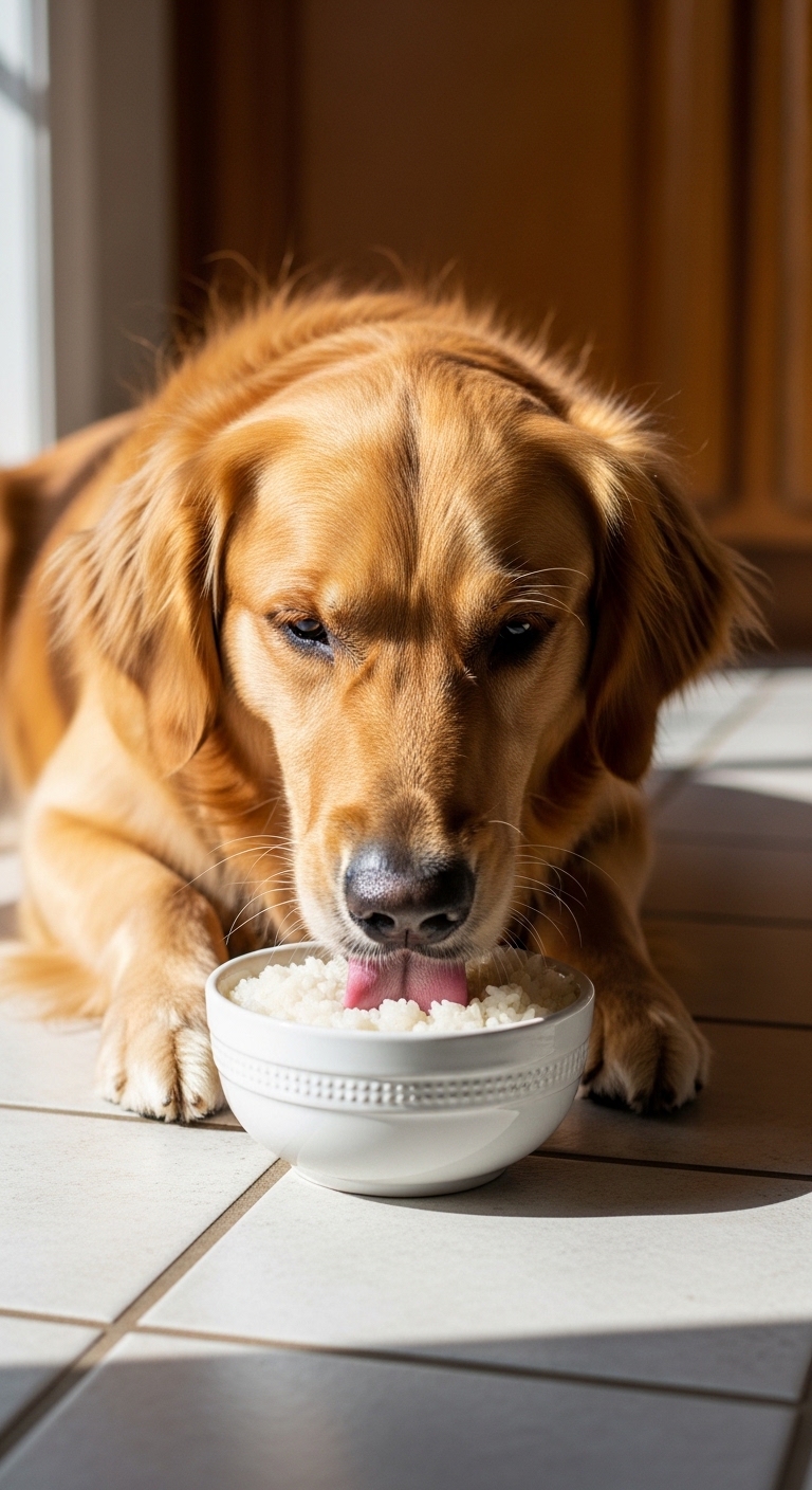 A dog eating rice from a bowl.