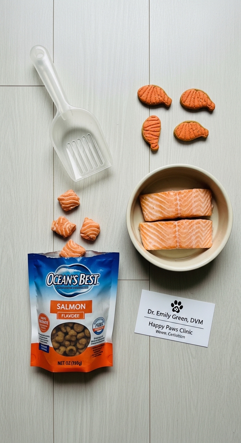 A bowl of salmon sits next to a bag of salmon cat treats.