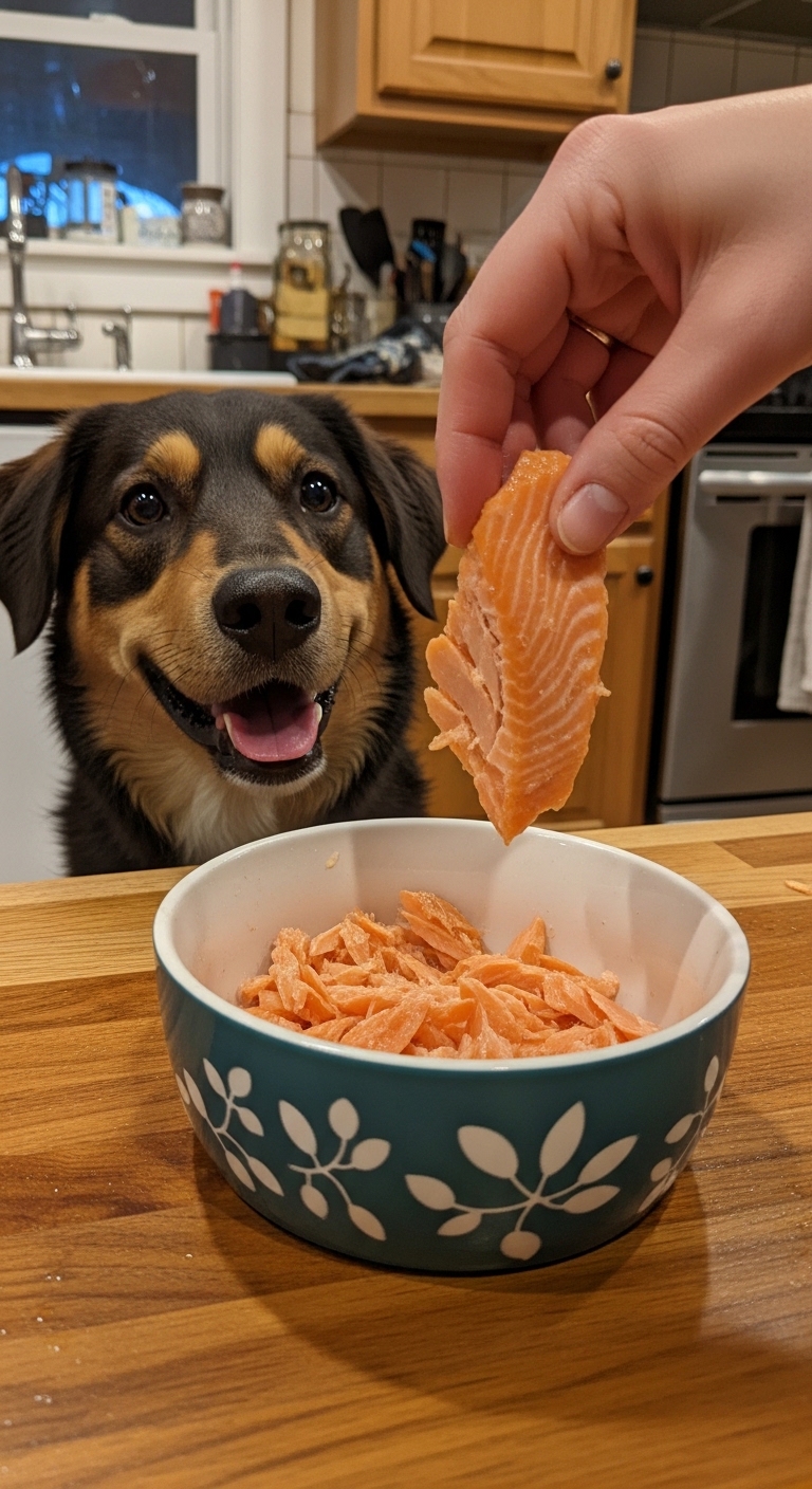 A dog is eating salmon from a bowl.