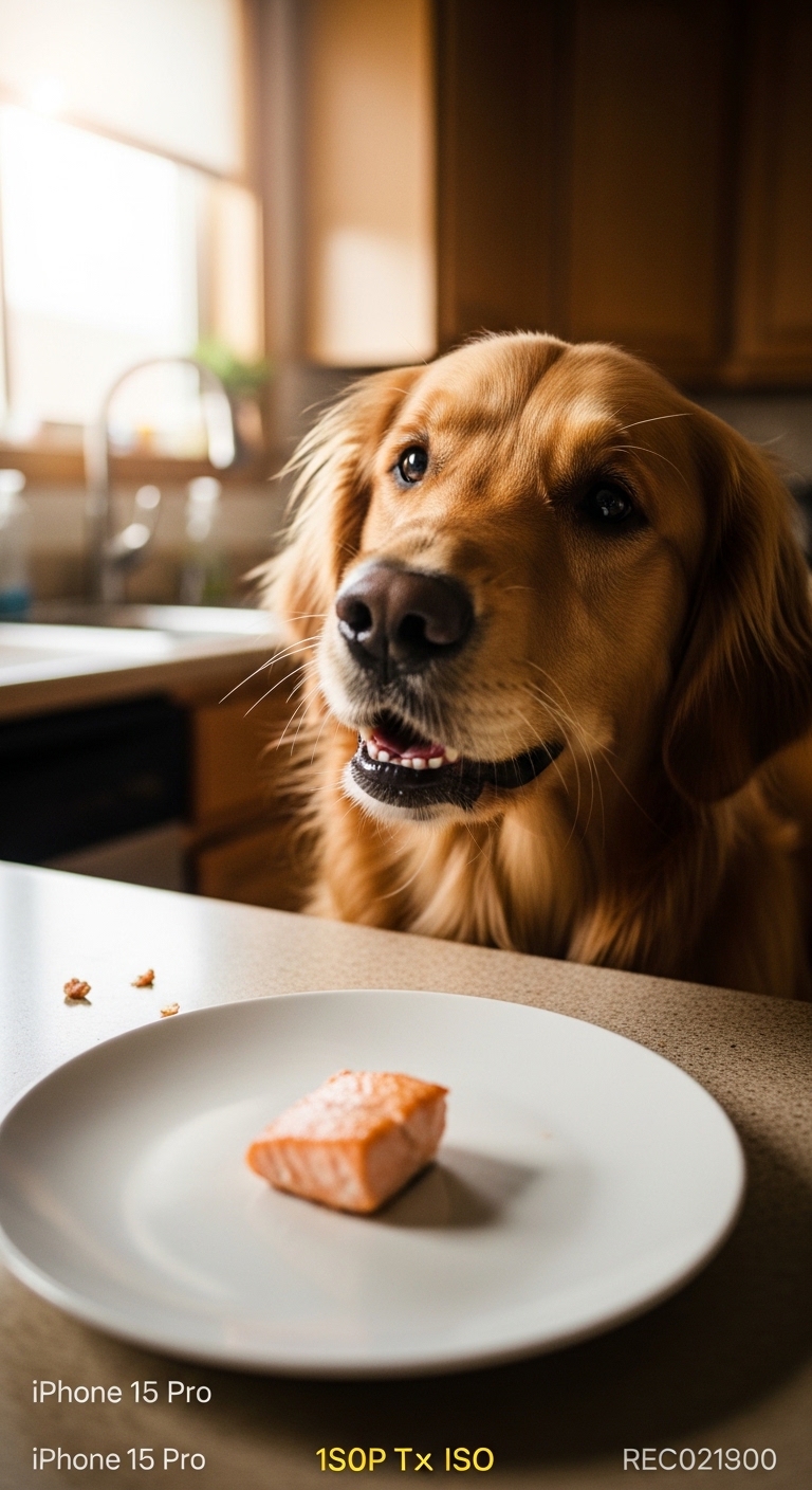 A dog is eating salmon off a plate.
