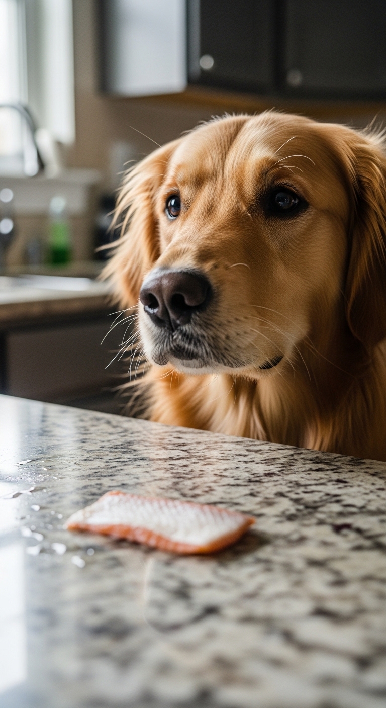 A dog looking at a piece of salmon skin.