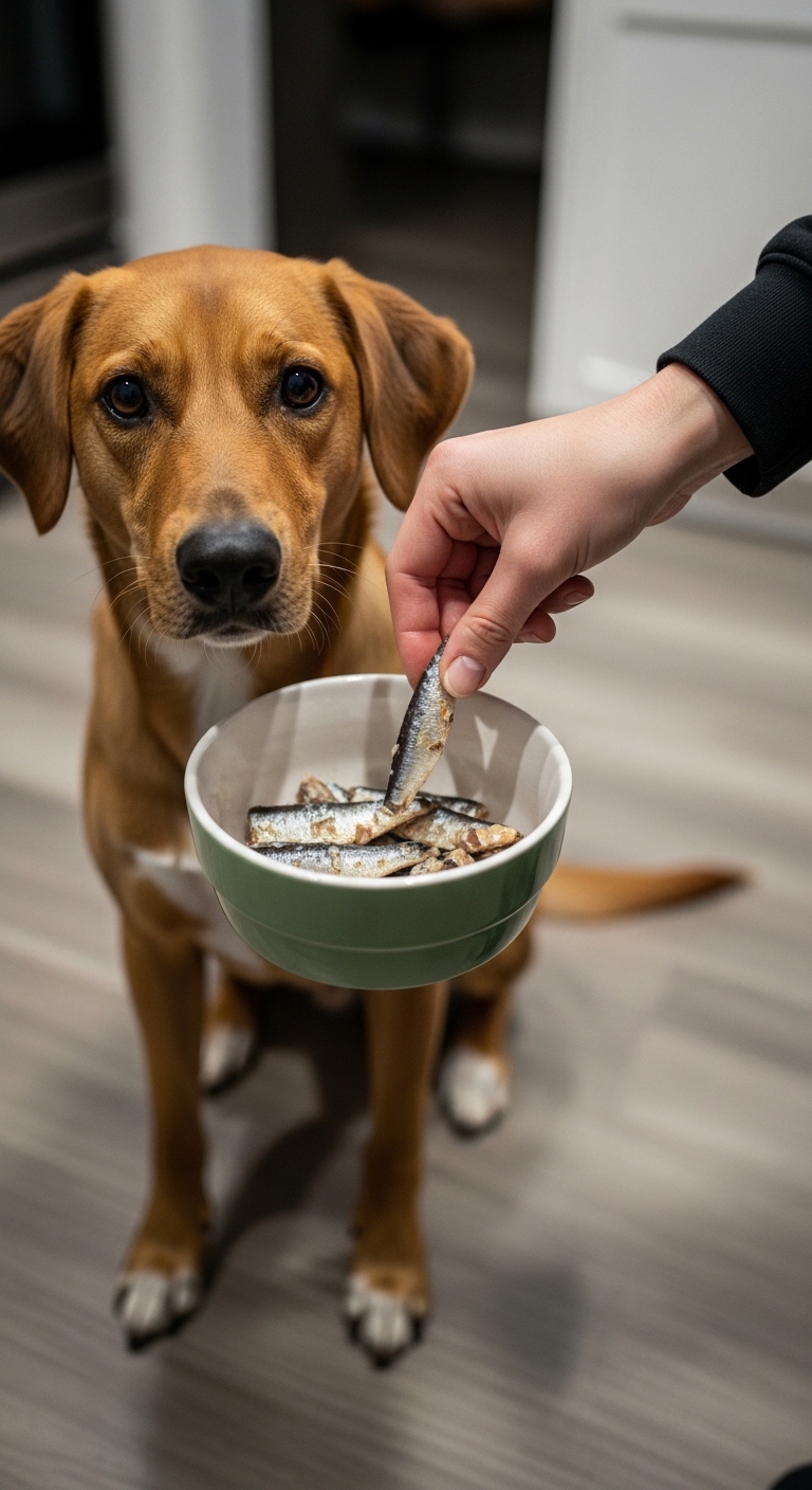 A dog is eating sardines from a bowl.
