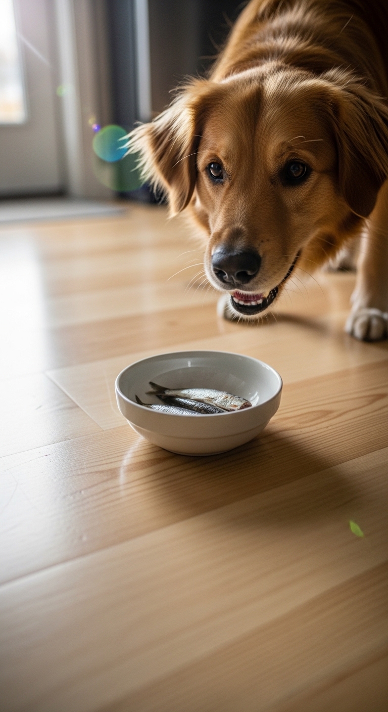A dog eating a sardine.