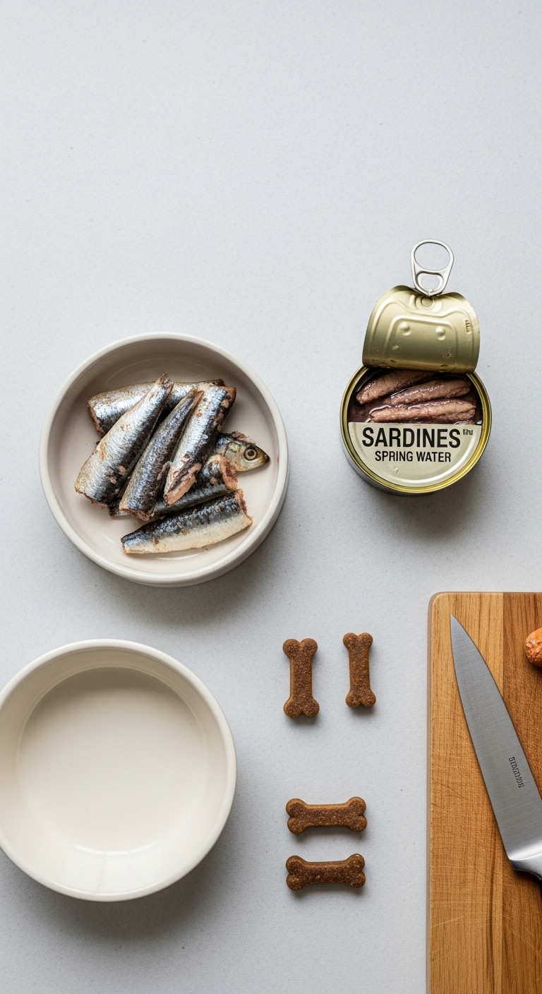 A can of sardines sits on a table next to a bowl of sardines.