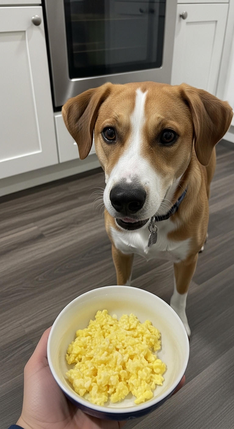 A dog is looking at a bowl of scrambled eggs.