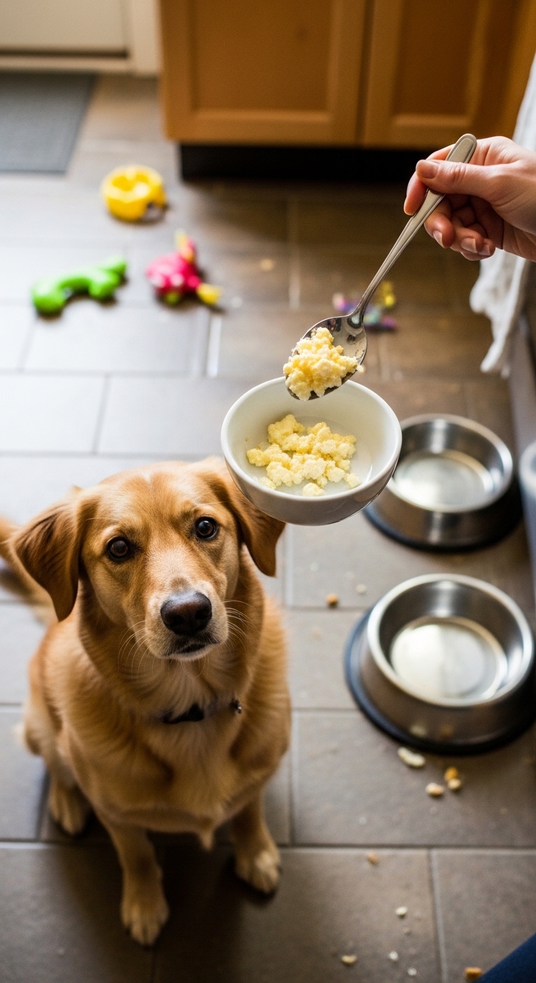 A dog is eating scrambled eggs from a bowl.
