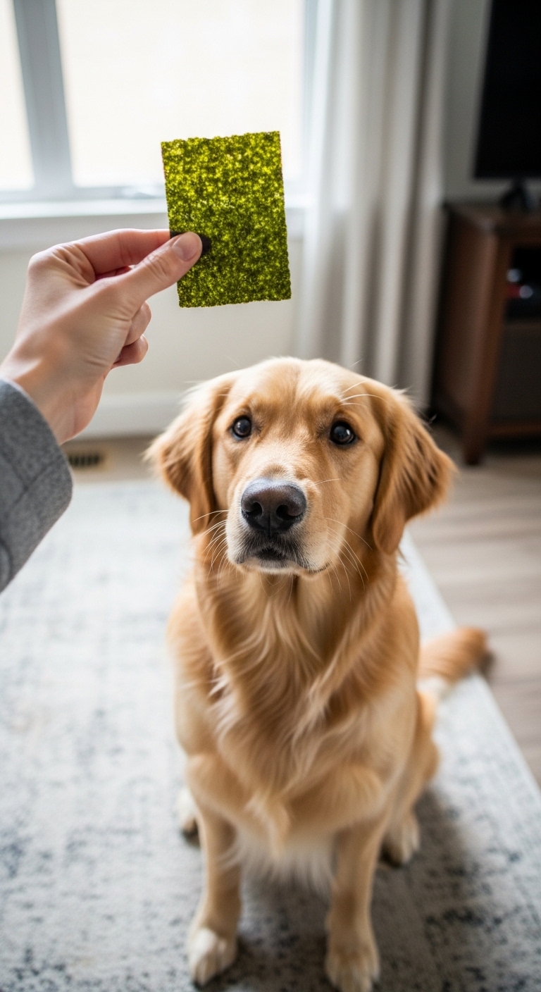 A dog is looking at a piece of seaweed.