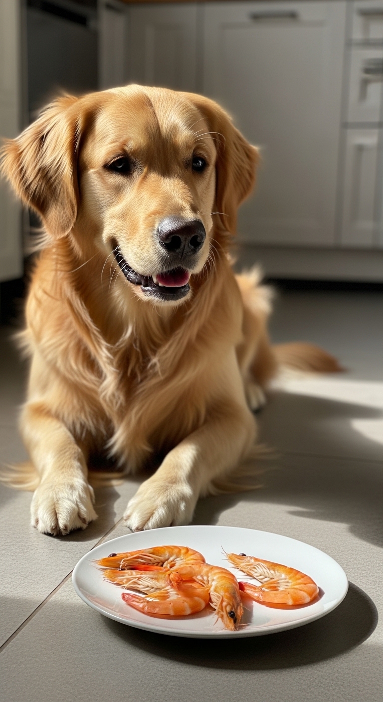 A dog is sitting on the floor with a plate of shrimp in front of it.