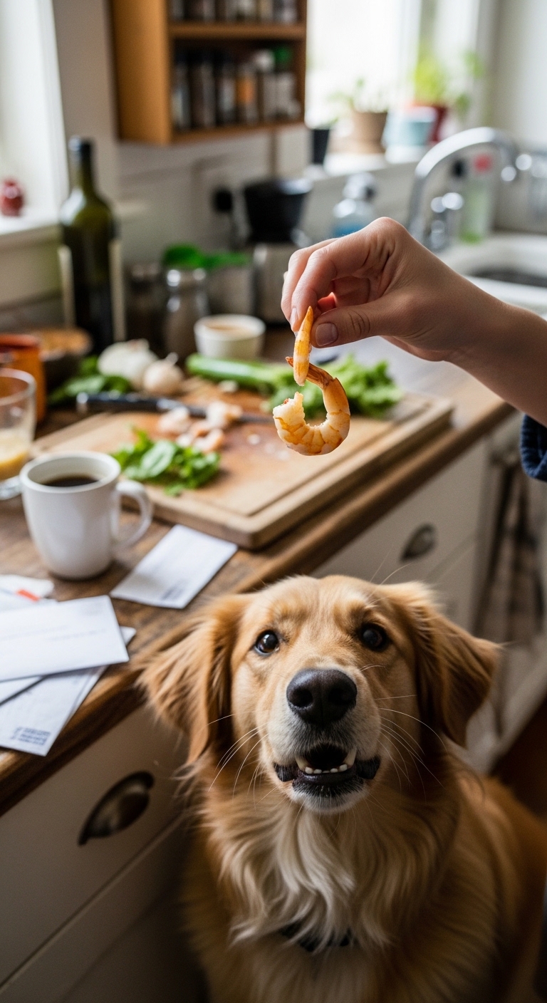 A dog is eating shrimp.
