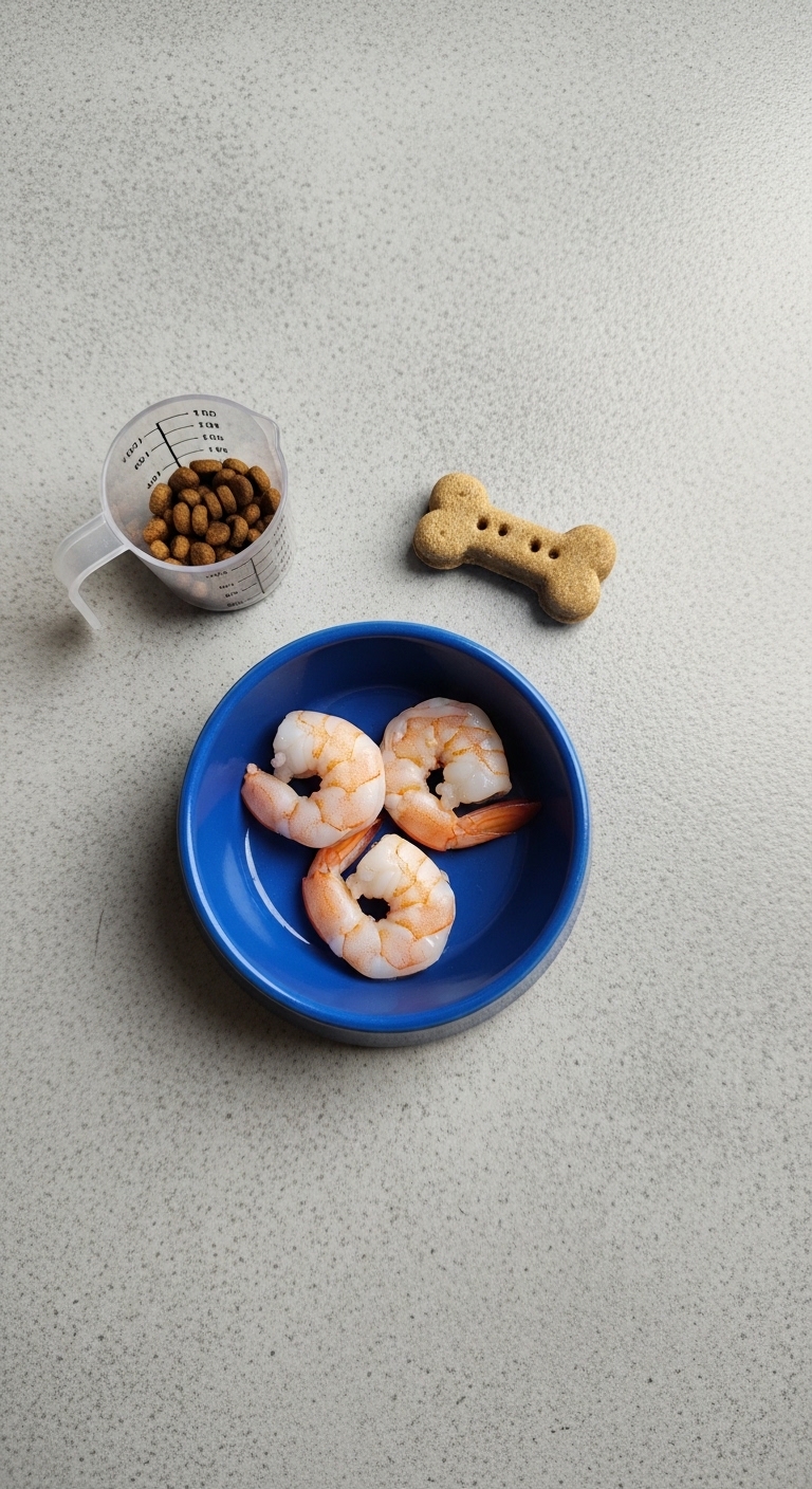A bowl of shrimp sits on a table next to a measuring cup of dog food.