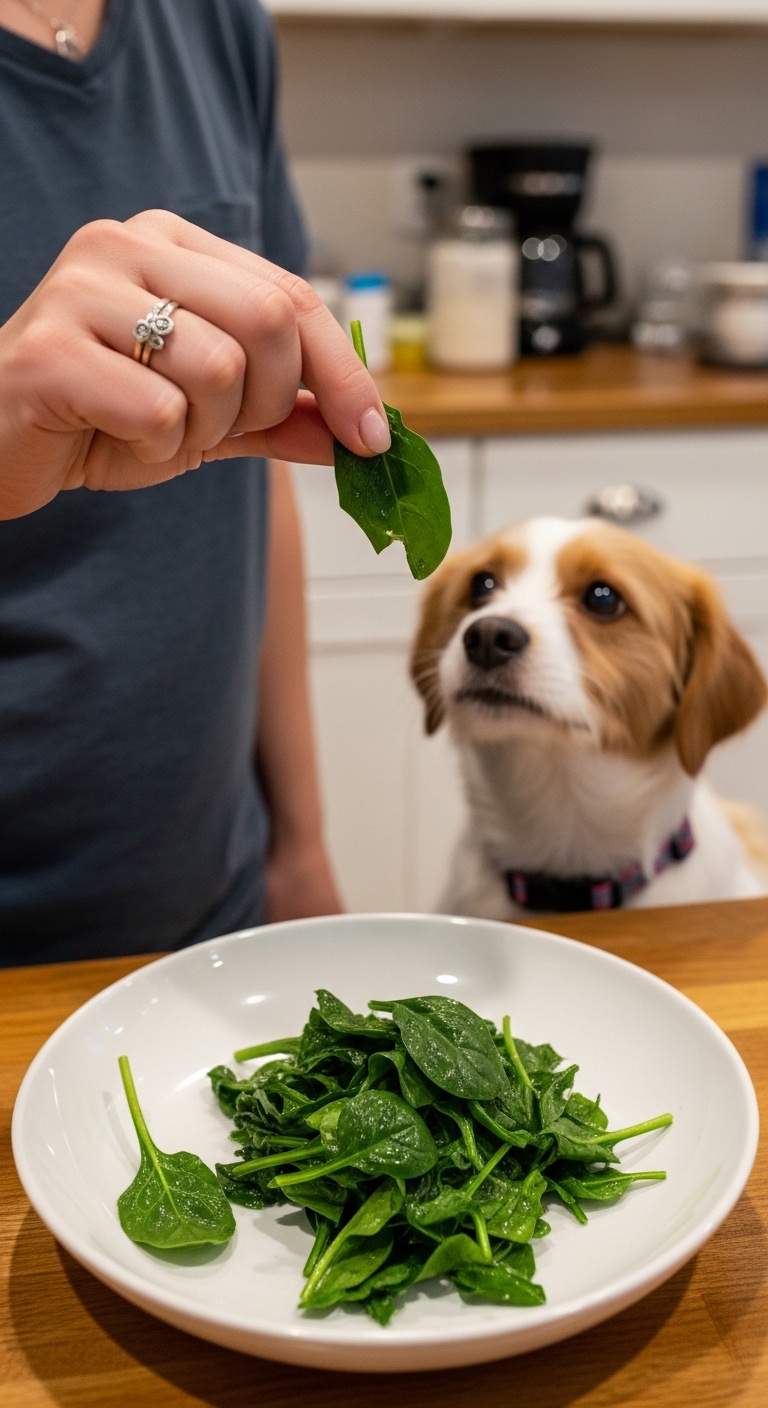 A dog is eating spinach from a plate.