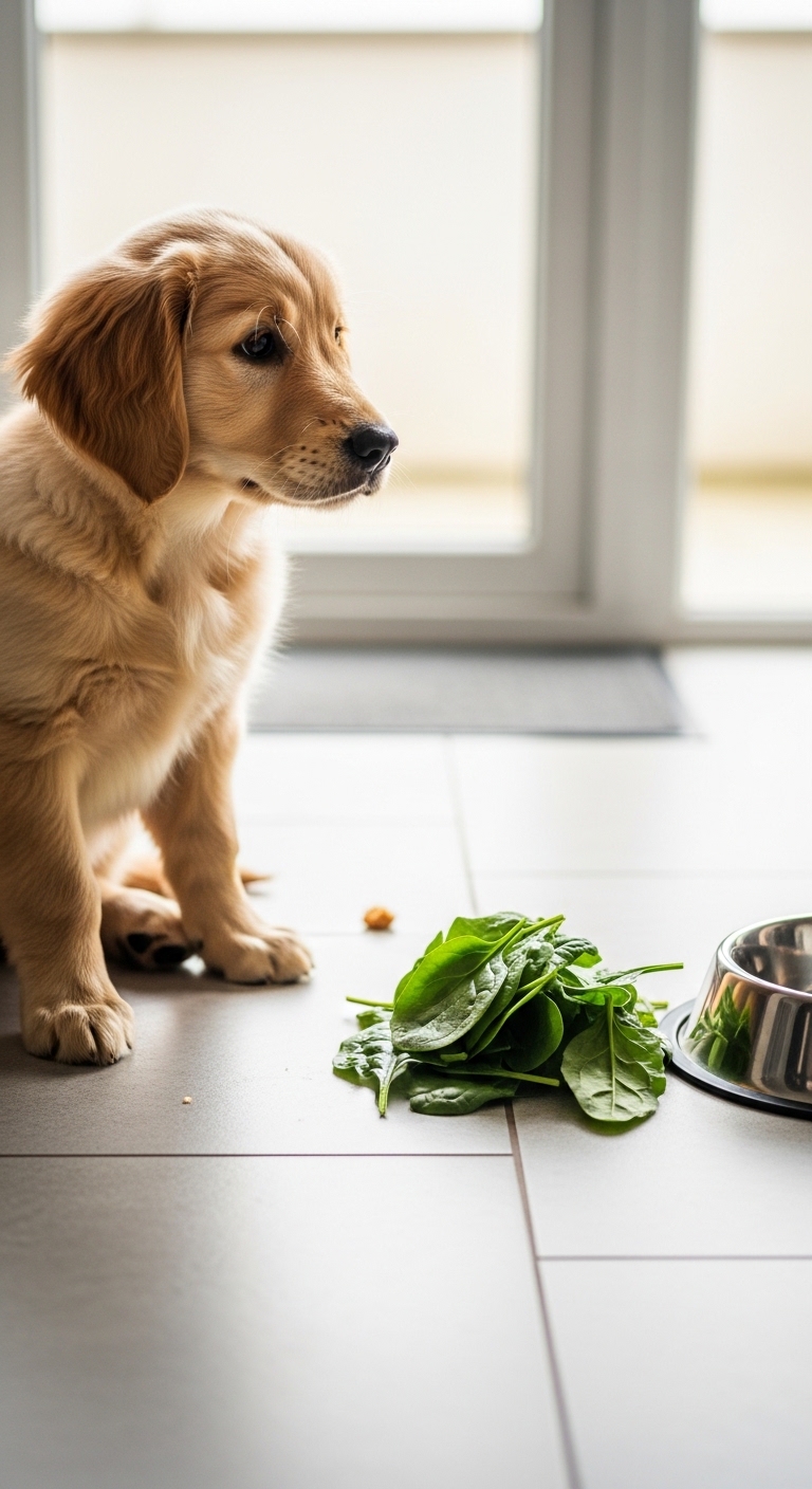 A dog is sitting on the floor next to a bowl of spinach.