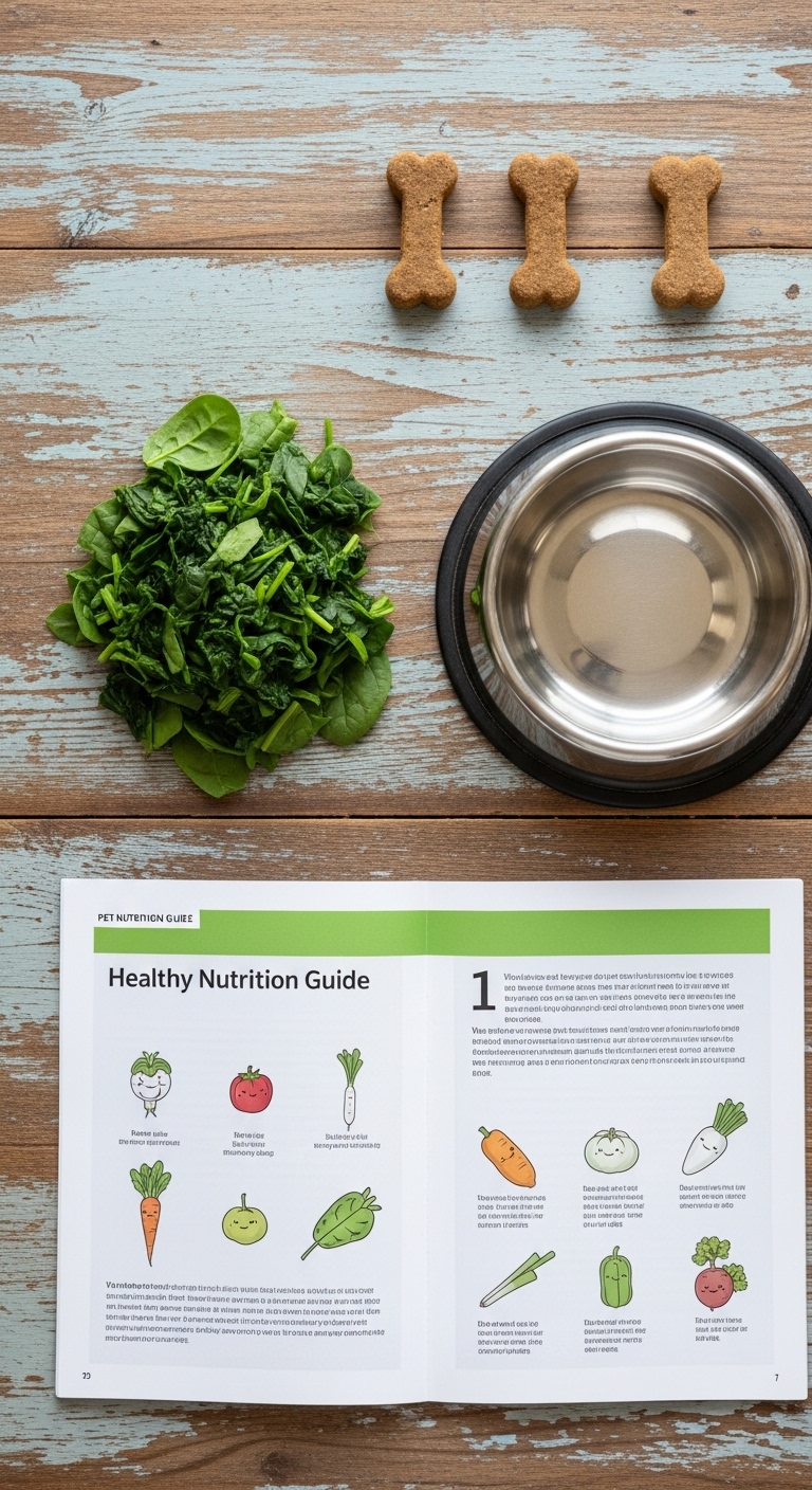A book about healthy nutrition with a bowl of spinach next to it.