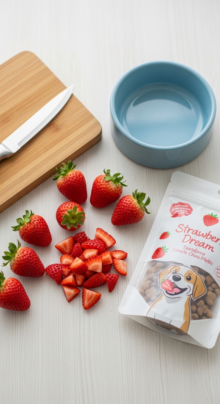 A bag of dog food next to a bowl of strawberries.
