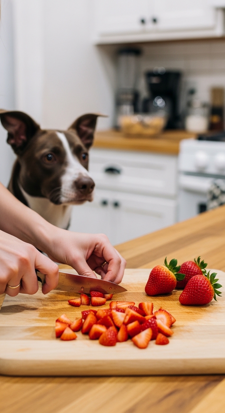 A dog is watching a person cut strawberries.